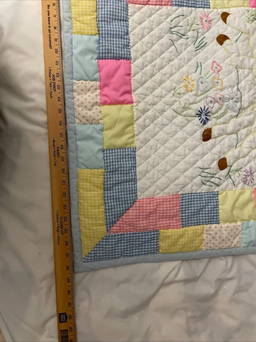 Baby Quilt Pink White Blue Yellow Hand Quilted Embroidered Animal Lamb 34x28”